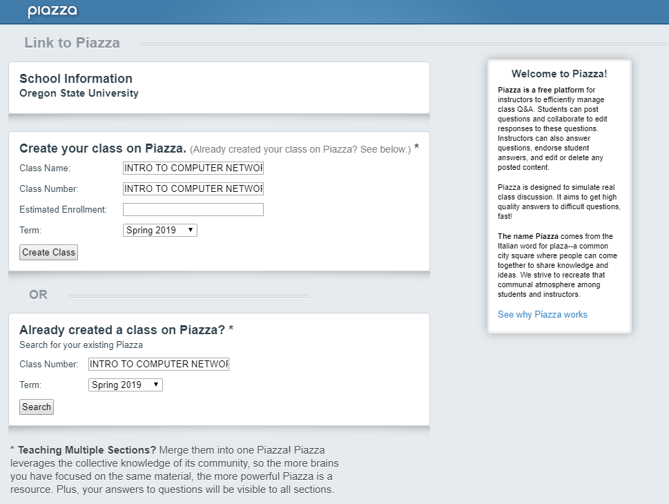 Piazza Setup Page Piazza Setup Page